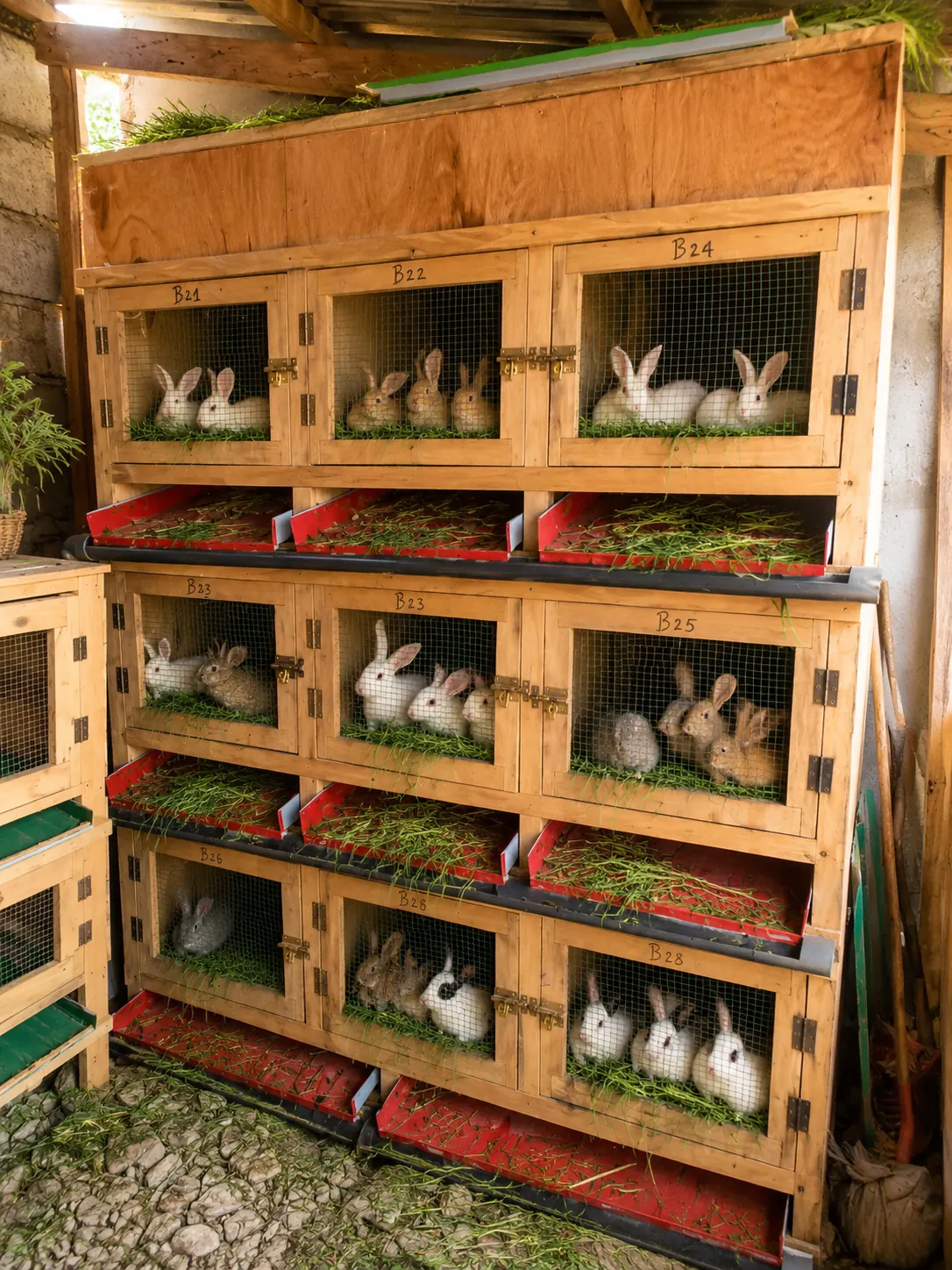 Lapins dans un enclos rustique